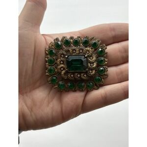 Vintage Gold Tone Large Green Rhinestone Brooch Rectangle Ornate Horseshoe Mark